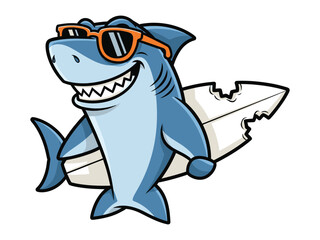 Naklejka premium Cool Shark with Surfboard: A cartoon shark is relaxing after surfing wearing sunglasses and holding a surfboard, the perfect image for any water sports enthusiast.
