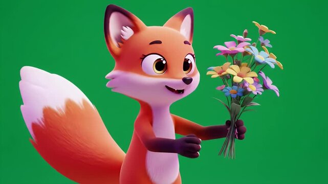 Adorable Cartoon Red Fox Character Holding Bouquet of Colorful Flowers Smelling the Aroma on Isolated Green Screen Background Perfect for Spring Themed Animation Stock Footage
