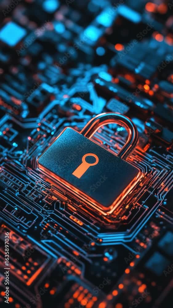 Poster secure, modern electronics with encrypted lock superimposed on circuit board design.