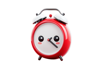 Cute Red and White Cartoon Style Alarm Clock with Large Eyes and Cheeks on Transparent Background