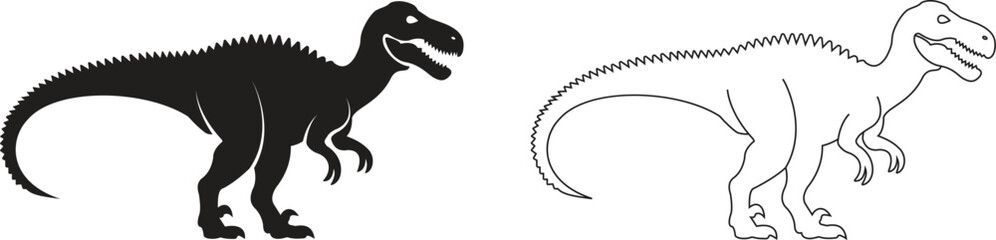 Dinosaur icon set, black vector collection of prehistoric reptile group in flat and line style T-Rex raptor cartoon dino ancient animal silhouette and outline fossil isolated on transparent background