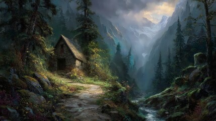 Misty Mountain Valley With Cottage And Path