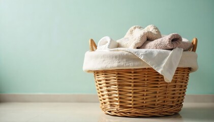 Oversized woven laundry basket overflowing with clean, folded clothes and towels Perfect for home organization and laundry room shots Neutral tones for versatile use , home decor, abundance