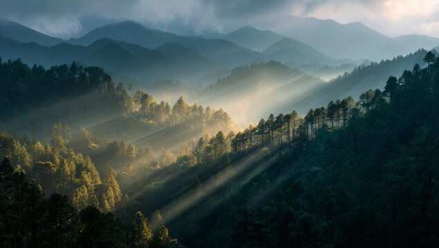 Sunbeams pierce misty mountain range - Powered by Adobe