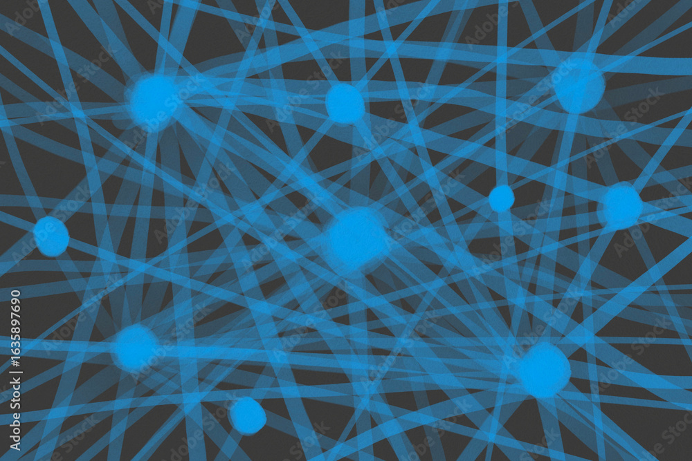 Poster complex abstract pattern with blue lines and dots on dark background showcasing interconnectedness a