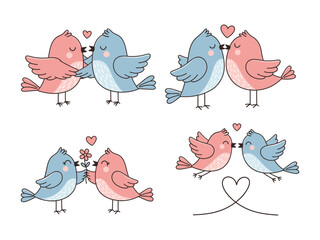 Love Birds Romance: Charming illustrations capture the delicate beauty of avian affection, with pairs of pastel-colored lovebirds sharing tender kisses, sweet flowers, and heart shaped symbol