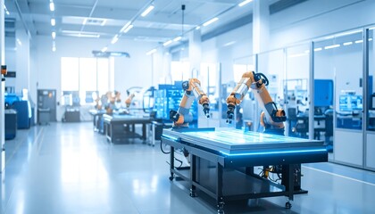 Automated Factory: Robotic Arms Working on Illuminated Surface