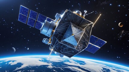 Futuristic satellite orbiting Earth — a visual metaphor for technology, connectivity, and space exploration