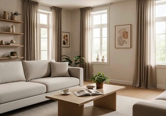 Fototapeta premium Minimalist modern living room interior with beige sofa, wooden coffee table, and natural light
