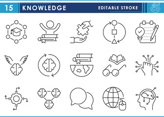 A set of line icons related to Knowledge. Brain, idea, graduate, books, solution, adaptability, speech, and so on. Vector editable stroke.
