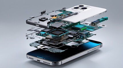 Exploded smartphone view with internal components — a visual metaphor for engineering, transparency, and technological complexity