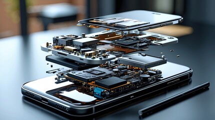 Exploded smartphone view with internal components — a visual metaphor for engineering, transparency, and technological complexity