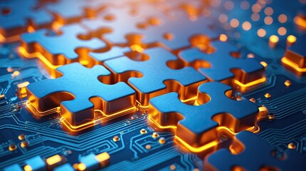 Blue puzzle pieces with orange edges on a circuit board — a visual metaphor for integration, technology, and problem-solving