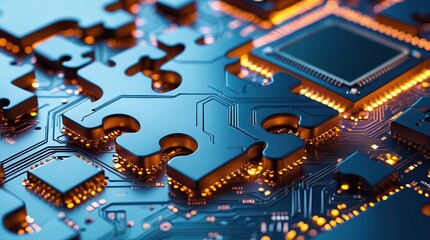 Blue puzzle pieces with orange edges on a circuit board — a visual metaphor for integration, technology, and problem-solving
