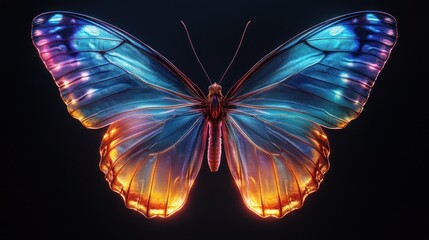 Iridescent butterfly wings, dark background, nature, digital art, website banner
