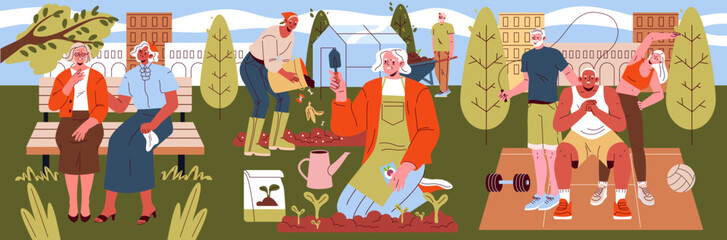 Seniors Engaging in Gardening and Outdoor Fitness Vector