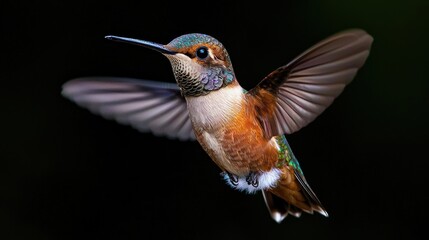 Fototapeta premium Hummingbird in flight, dark background, nature photography, wildlife