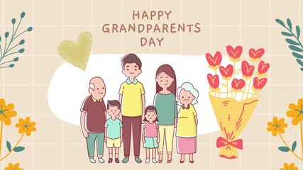 A cute cartoon family drawing of a happy mother, father, grandparents, and their kids on a Happy Grandparents Day, a joyful illustration of love and happiness motion graphic clip animation video.
