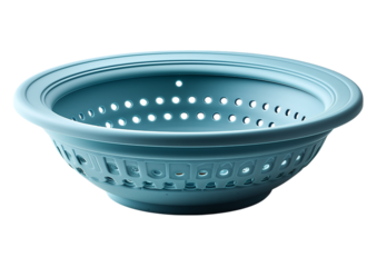 Foldable silicone colander in sky blue expanded view isolated on a transparent background