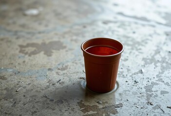 A discarded brown plastic cup sits on a weathered surface, environment, texture