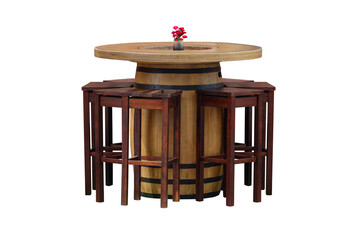 Wooden barrel table with high stools isolated on white background