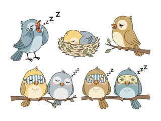 Resting Birds: Adorable cartoon birds, each with a unique appearance, are depicted sleeping in various settings, promoting tranquility and relaxation.