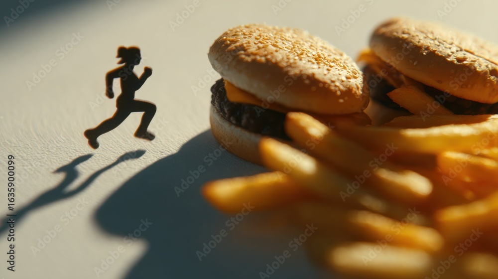 Poster focused midframe jogger casting a shadow transforming into outoffocus burger and fries symbolizing t