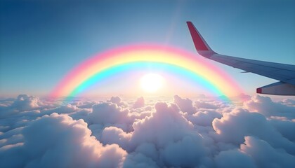 Obraz premium A vivid and colorful rainbow stretching across the sky as seen through the passenger window of an airplane in flight