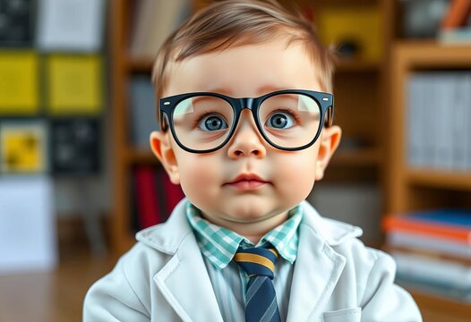 Adorable infant in spectacles & miniature professorial attire, intellectual baby, intellectual