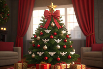 A Holiday Tree with a Red Bow and Angel Ornaments Standing in a Room with Red Curtains and Wrapped Gifts