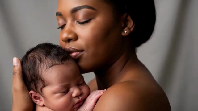 Loving african american mother tenderly holding her sleeping newborn baby, a beautiful close-up portrait representing the concepts of motherhood, new life and unconditional love