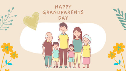 A cute cartoon family drawing of mother, father, grandparents and children enjoying Grandparents Day. It is an illustration full of happiness and love.