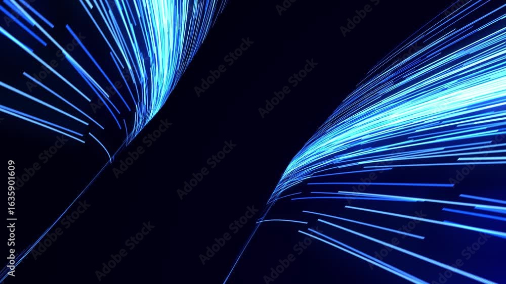 Poster dynamic blue light trails flow through a dark space, creating a futuristic and high-speed data strea