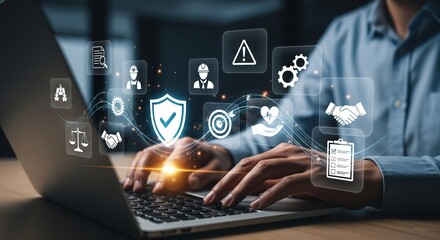 Cyber Security at Work: A person in a business environment works diligently on a laptop, with digital elements of a virtual security system overlaid, emphasizing the importance of online data safety.