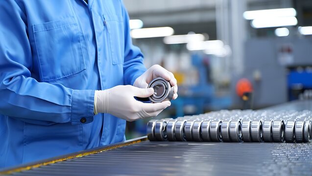 Skilled worker in blue uniform and white gloves inspects metal part in factory - Powered by Adobe