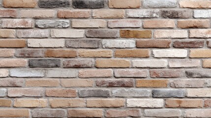 Fototapeta premium Textured brick wall featuring a variety of colors and patterns, showcasing the beauty of natural materials in architectural design and construction