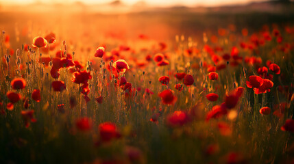 Obraz premium A vibrant sunset field adorned with red poppy flowers, bathed in warm golden light.