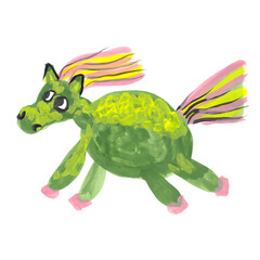 Green round horse, mare, pony, foal, trotter, nag is galloping, trotting, jumping, standing, looking with curiosity. Long mane and tail. Funny characters, bright colours.