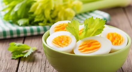 Fresh Celery and Boiled Egg: A visually appealing display showcasing boiled eggs nestled within a charming bowl. The presence of fresh celery adds a touch of natural vibrancy to the setting.