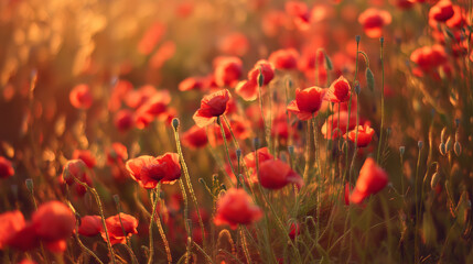 Fototapeta premium A vibrant sunset field adorned with red poppy flowers, bathed in warm golden light.