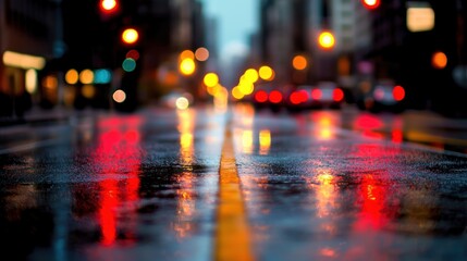 Rainy city street at night, blurred lights, wet asphalt