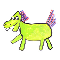 Limegreen horse, mare, pony, foal, trotter, nag is galloping, trotting, jumping, standing, looking with curiosity. Smiles and shows teeth. Funny characters, bright colours.