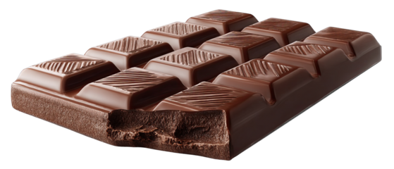 A rich dark chocolate bar, broken open, displaying its squares and a bite taken out