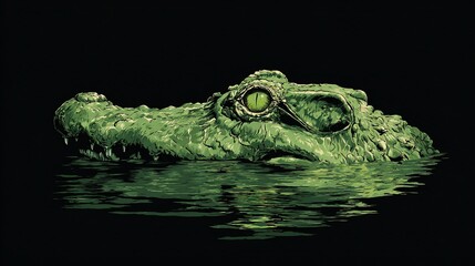 Fototapeta premium A green, watchful reptile emerges from dark water, illuminated by reflected light