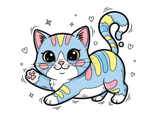 Whimsical Cat: An enchanting cartoon cat with a playful and cheerful expression leaps into a world filled with hearts, radiating joy and fantasy.