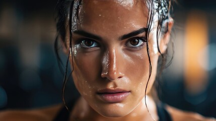 Close-up of a woman's face covered in sweat.