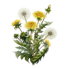 Illustration bouquet of dandelions flowers in watercolor style. Print with wildflowers for decoration. Medicinal plant for packaging, labels