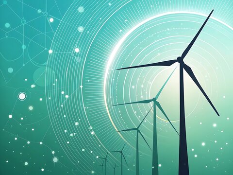 Modern wind turbines generating clean energy with digital network overlay