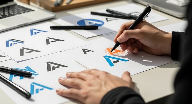 Graphic designer working on new logo concepts and branding ideas at a desk with a laptop