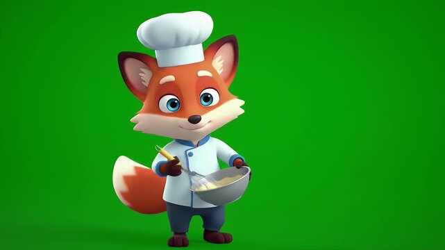 Animated Fox Chef Mixing Ingredients in Silver Bowl with Whisk Against a Vibrant Green Screen Background Perfect for Cookbooks and Children's Culinary Education Stock Video Footage